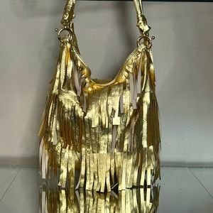 GOLDENBLEU Gold Genuine Leather Fringe Handbag